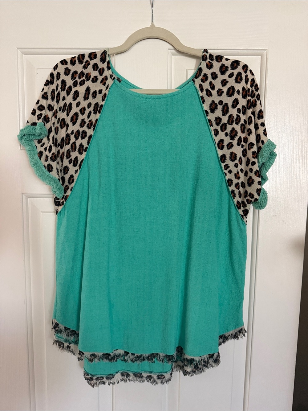 Ymgee Teal Raglan Leopard Sleeve Women's Top